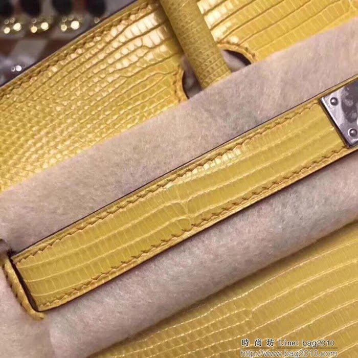 HERMES愛馬仕 鉑金包 Birkin 25cm 蜥蜴 Lizard leather 檸檬黃 銀扣 蠟線手縫 時尚手提包  Ama1151